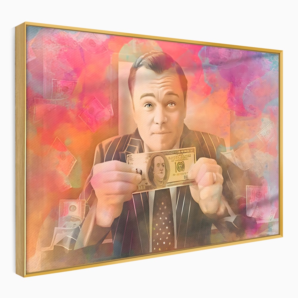 Tablou canvas cu tablou cu actorul leonardo dicaprio tinand bani, in rama de aluminiu auriu